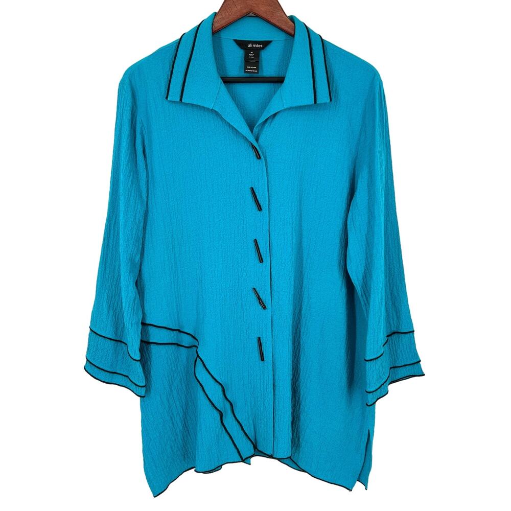 Ali Miles Sz Medium Teal Blue/Green Wearable Art to Wear Blouse Shirt Top Artsy - Picture 1 of 9